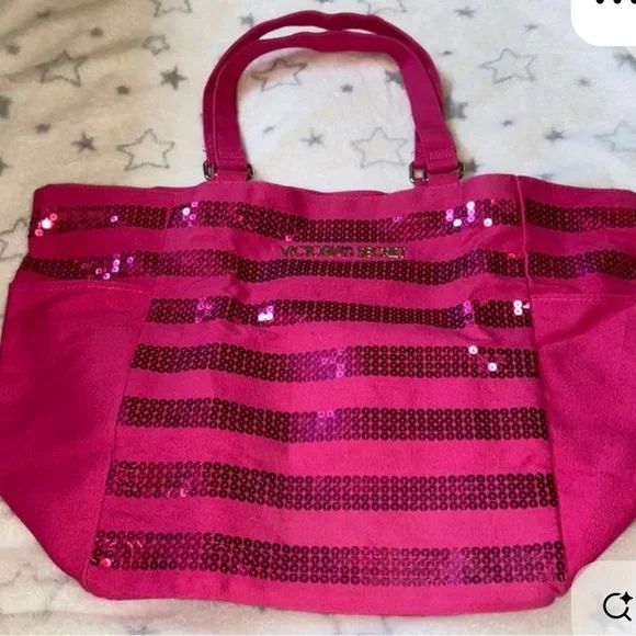 Victoria Secret Hot Pink Sequin Tote Canvas Striped Overnight Shoulder Bag New - Picture 10 of 14